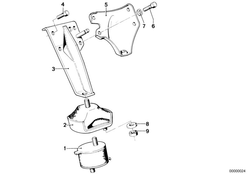 Picture board Engine Suspension / Damper for the BMW Classic parts  Original BMW spare parts from the electronic parts catalog (ETK) for BMW motor vehicles (car)   Hex Bolt, RUBBER MOUNTING LEFT, Self-locking hex nut, Washer, WAVE WASHER