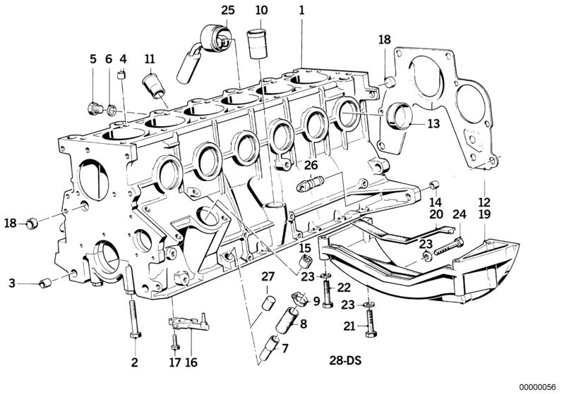 Picture board Engine block for the BMW Classic parts  Original BMW spare parts from the electronic parts catalog (ETK) for BMW motor vehicles (car)   Blind plug, BOWL REINFORCEMENT, Connector, Cover lid, Covering plate, Dowel, Gasket ring, Gasket Set Engi