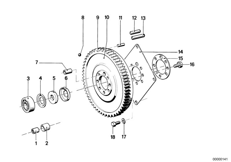 Illustration du Volant moteur pour les BMW Classic parts  Pièces de rechange d'origine BMW du catalogue de pièces électroniques (ETK) pour véhicules automobiles BMW (voiture)   Ball, Covering cap, Covering plate, Dowel, Dowel pin, Flywheel, Grooved ball b