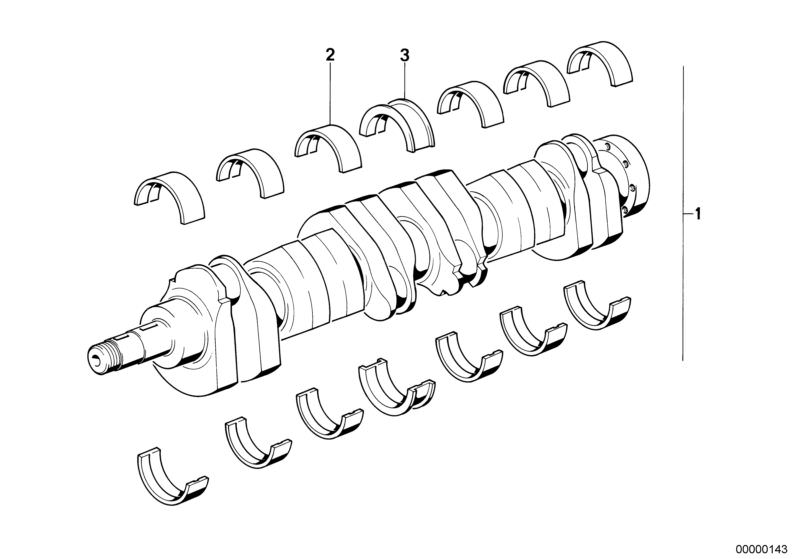 Picture board Crankshaft with bearing shells for the BMW Classic parts  Original BMW spare parts from the electronic parts catalog (ETK) for BMW motor vehicles (car)   Bearing shell, blue, Crankshaft without bearing shells, GUIDE-BEARING SHELL RED