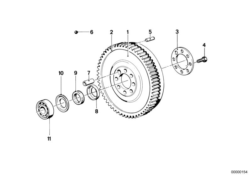 Picture board Flywheel for the BMW Classic parts  Original BMW spare parts from the electronic parts catalog (ETK) for BMW motor vehicles (car)   Ball, Covering cap, Covering plate, Dowel, Dowel pin, Flywheel, Grooved ball bearing, Hex Bolt, Spacer