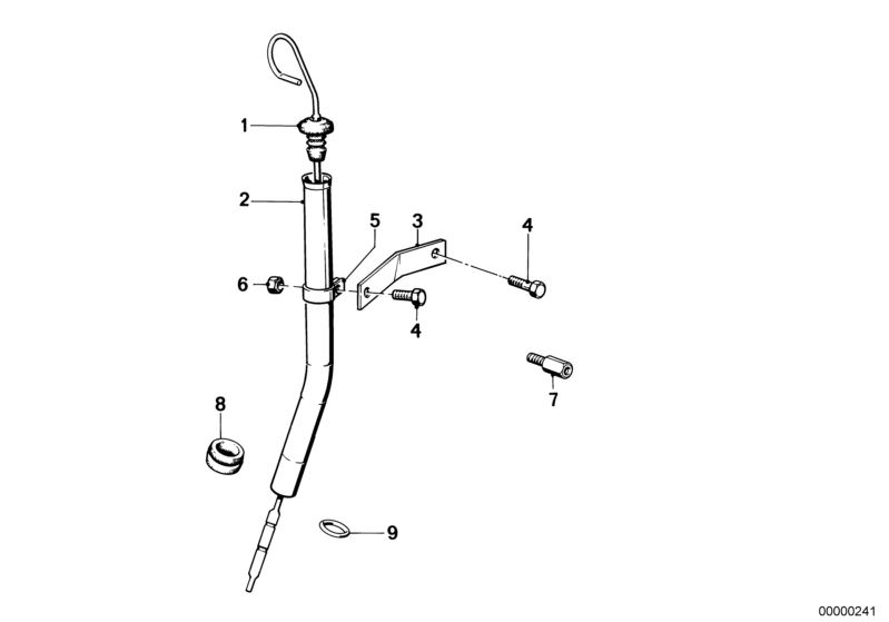 Picture board Dipstick for the BMW Classic parts  Original BMW spare parts from the electronic parts catalog (ETK) for BMW motor vehicles (car)   Clamp, Dipstick, Extension, Guide tube, Hex Bolt, Hex nut, Support