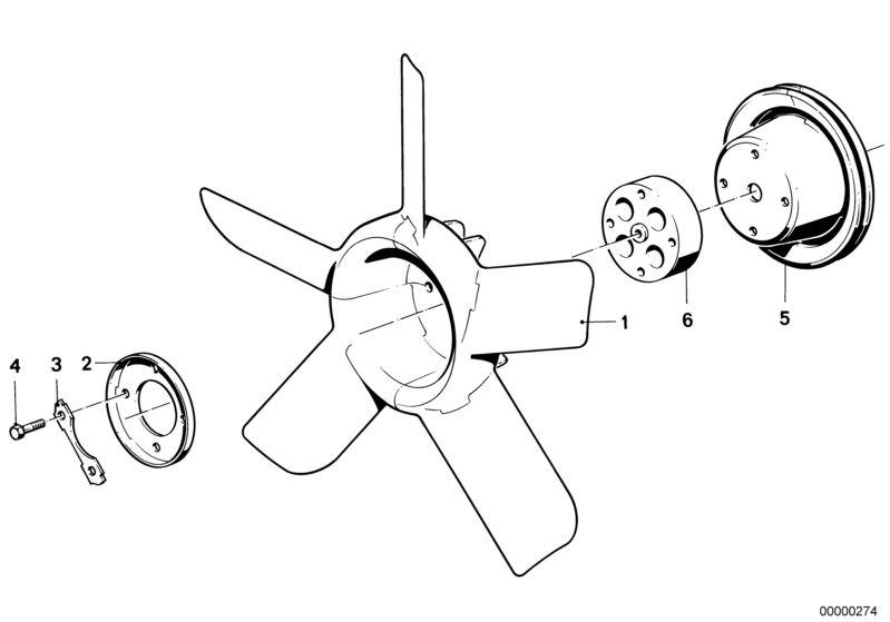 Illustration du COOLING SYSTEM-FAN/FAN COUPLING pour les BMW Classic parts  Pièces de rechange d'origine BMW du catalogue de pièces électroniques (ETK) pour véhicules automobiles BMW (voiture)   Fan, Hex Bolt, Pulley, Securing plate