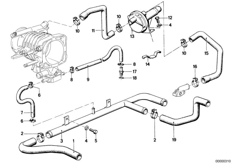 Picture board Cooling System Water Hoses for the BMW Classic parts  Original BMW spare parts from the electronic parts catalog (ETK) for BMW motor vehicles (car)   Connector, Gasket ring, Hex Bolt, Holder, Hose, Hose clamp, Vent hose, WAVE WASHER