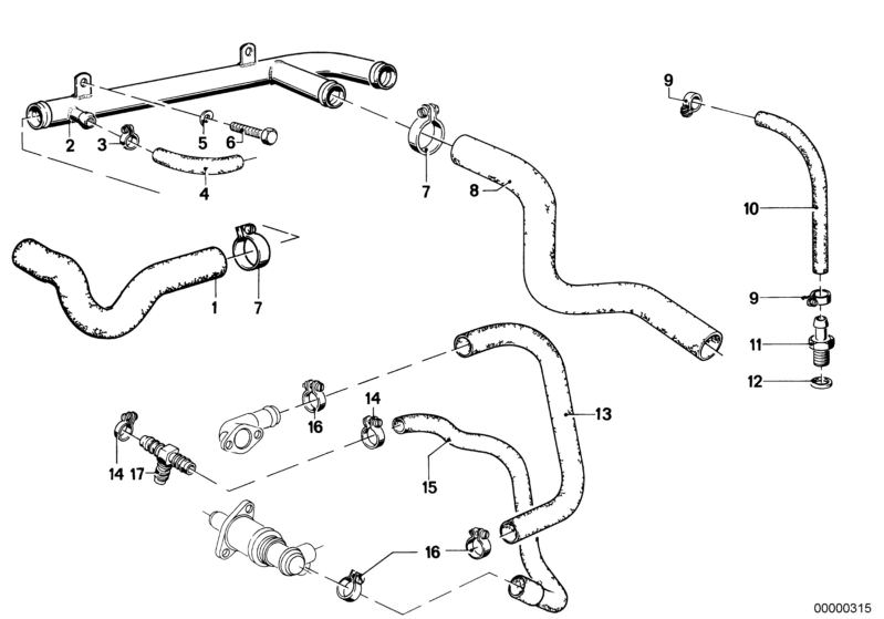 Picture board Cooling System Water Hoses for the BMW Classic parts  Original BMW spare parts from the electronic parts catalog (ETK) for BMW motor vehicles (car)   Connector, Gasket ring, Hex Bolt, Hose, Hose clamp, Vent hose, WAVE WASHER