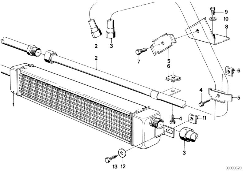 Picture board ENGINE OIL COOLING for the BMW Classic parts  Original BMW spare parts from the electronic parts catalog (ETK) for BMW motor vehicles (car)   Body nut, Clamp, Hex Bolt, Hex head screw, Oil cooler, OIL COOLING PIPE INLET, Washer, WAVE WASHER