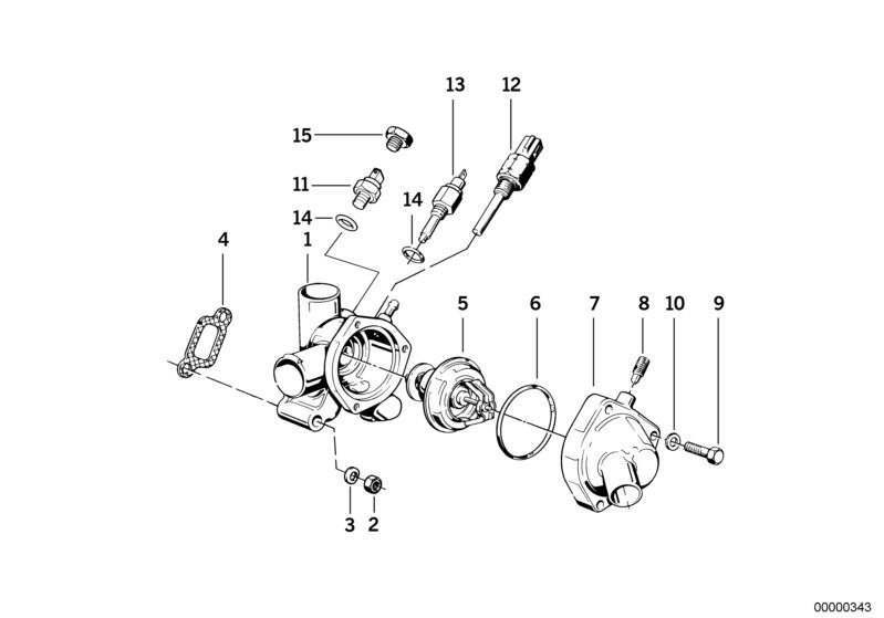 Picture board COOLING SYSTEM-THERMOSTAT HOUSING for the BMW Classic parts  Original BMW spare parts from the electronic parts catalog (ETK) for BMW motor vehicles (car)   Cover, Gasket Asbestos Free, Gasket ring, Hex Bolt, Hex nut with flange, O-ring, Rem