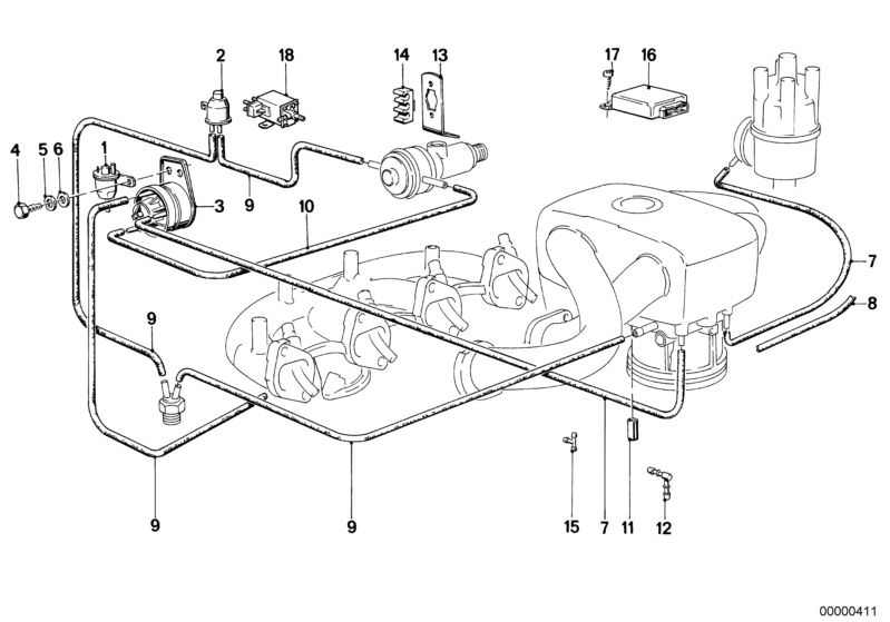 Picture board Vacuum control-AGR for the BMW Classic parts  Original BMW spare parts from the electronic parts catalog (ETK) for BMW motor vehicles (car)   Cap, Electric valve, Fillister head self-tapping screw, Hex head screw, Holder, Support, T-Connecto