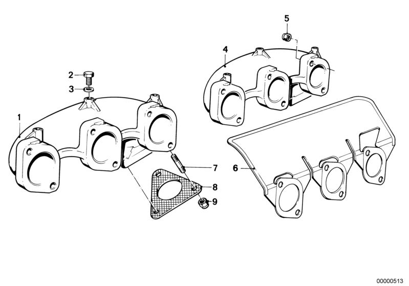 Picture board Exhaust manifold for the BMW Classic parts  Original BMW spare parts from the electronic parts catalog (ETK) for BMW motor vehicles (car)   Exhaust manifold, front, Exhaust manifold, rear, Gasket Asbestos Free, Gasket ring, GASKET W/HEAT PRO