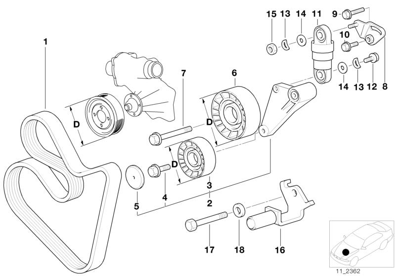 Picture board Belt Drive Water Pump/Alternator for the BMW Classic parts  Original BMW spare parts from the electronic parts catalog (ETK) for BMW motor vehicles (car)   ADJUST-LEVER, ADJUSTING PULLEY, Belt tensioner, Deflection pulley, Fit bolt, Hex Bolt