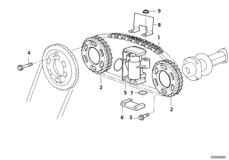 Bildtafel Steuertrieb-Steuerkette oben für die BMW 7er Modelle  Original BMW Ersatzteile aus dem elektronischen Teilekatalog (ETK) für BMW Kraftfahrzeuge( Auto)    Flanschmutter, Führungsblech, Gleitstück, Kettenrad, Kettenspanner, O-Ring, Steuerkette, To