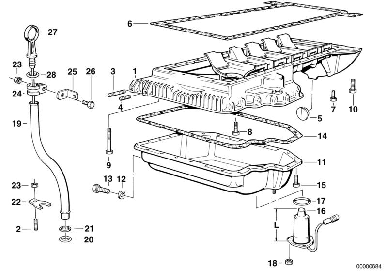 Illustration du OIL PAN/OIL LEVEL INDICATOR pour les BMW 7 Série Modèles  Pièces de rechange d'origine BMW du catalogue de pièces électroniques (ETK) pour véhicules automobiles BMW (voiture)   Clamp, Cover, Dipstick, Gasket Asbestos Free, Gasket ring, Gui