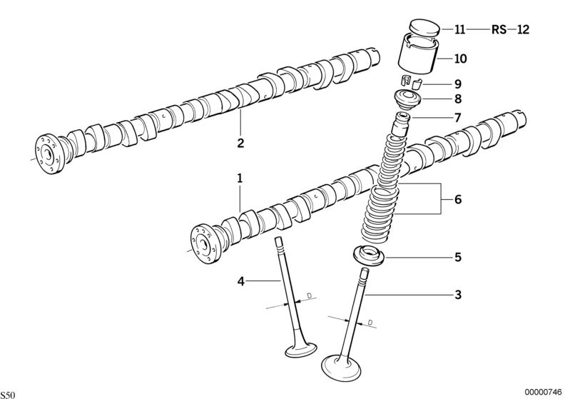 Illustration du Cde soupapes-arbre a cames/graissage pour les BMW Classic parts  Pièces de rechange d'origine BMW du catalogue de pièces électroniques (ETK) pour véhicules automobiles BMW (voiture)   Cam follower, Exhaust valve, Inlet camshaft, Intake val