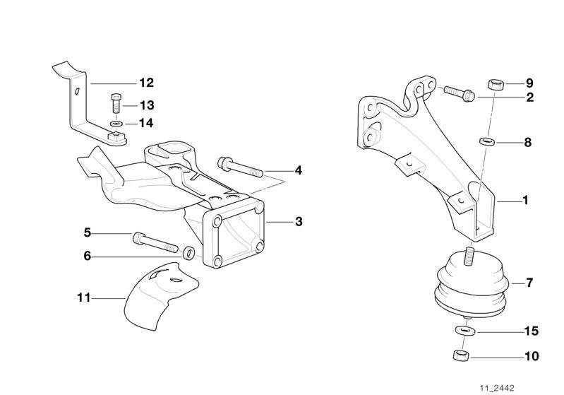 Illustration du Suspension moteur - silentbloc moteur pour les BMW Classic parts  Pièces de rechange d'origine BMW du catalogue de pièces électroniques (ETK) pour véhicules automobiles BMW (voiture)   Engine mount, Heat Protection Plate Right, Hex Bolt, H