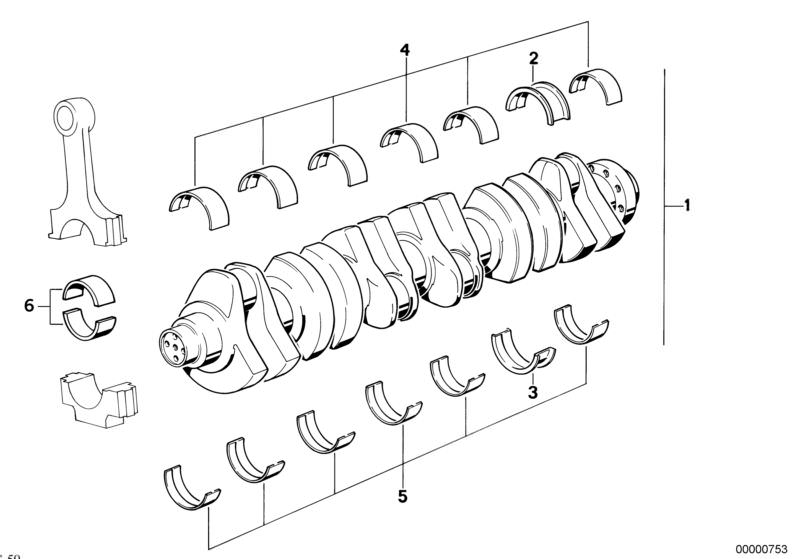 Illustration du Vilebrequin avec coussinets pour les BMW Classic parts  Pièces de rechange d'origine BMW du catalogue de pièces électroniques (ETK) pour véhicules automobiles BMW (voiture)   Bearing shell green, Bearing shell white, Bearing shell, red, Gu