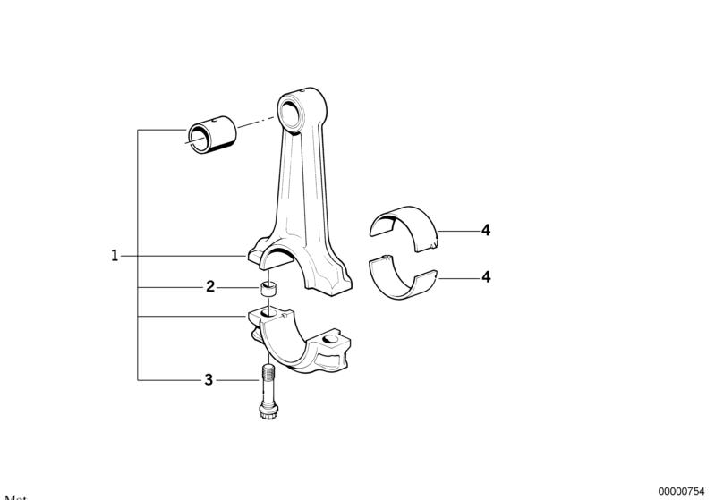 Illustration du Mécanisme d`embiellage - Bielle pour les BMW Classic parts  Pièces de rechange d'origine BMW du catalogue de pièces électroniques (ETK) pour véhicules automobiles BMW (voiture)   Bearing shell, red, Connecting rod bolt, Dowel, SET CONNECTI