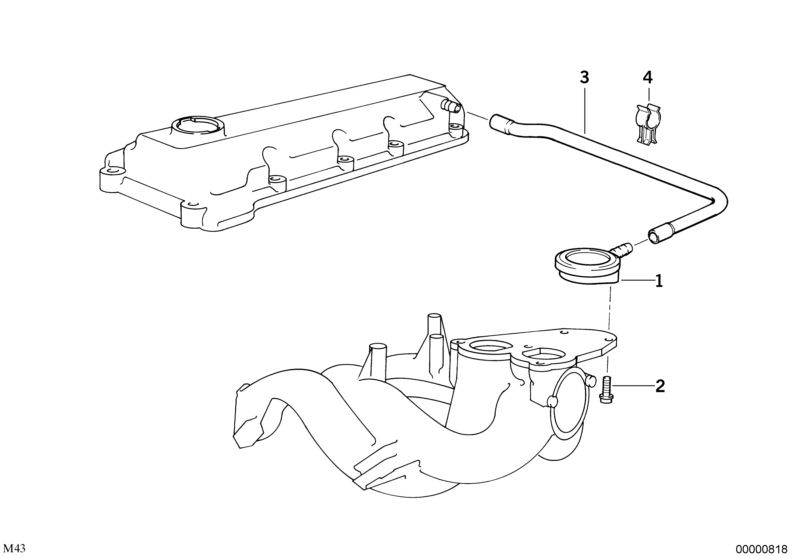 Bildtafel Kurbelgehäuse-Entlüftung für die BMW Classic Teile  Original BMW Ersatzteile aus dem elektronischen Teilekatalog (ETK) für BMW Kraftfahrzeuge( Auto)    Entlüftungsschlauch, Kurbelgehäuseentlüftungsventil, Schlauchhalter, Zylinderschraube mit Sch