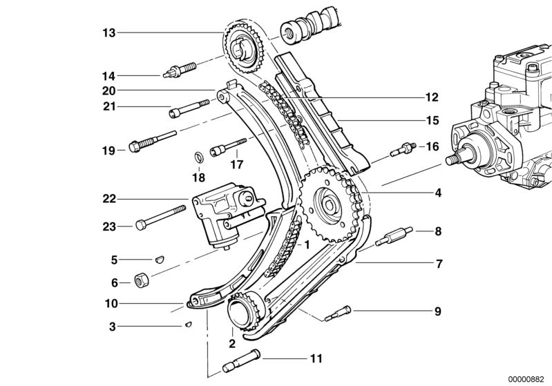 Picture board Timing and valve train-timing chain for the BMW Classic parts  Original BMW spare parts from the electronic parts catalog (ETK) for BMW motor vehicles (car)   Bearing bolt, Chain tensioner, Gasket ring, Guide rail, Hex Bolt, Hex Bolt with wa