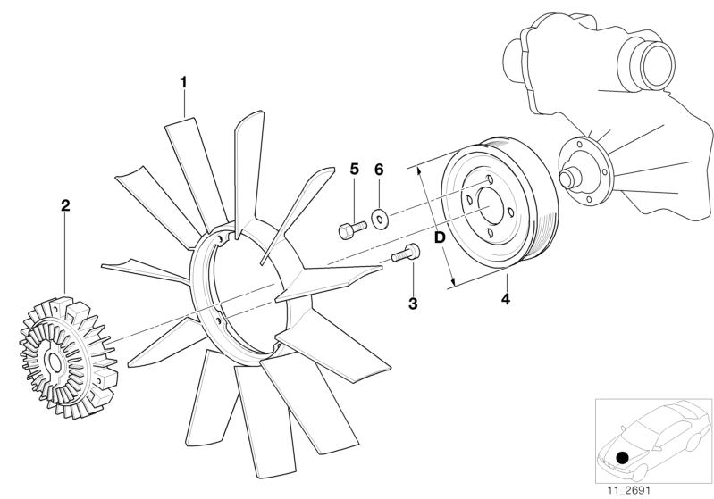 Picture board COOLING SYSTEM-FAN/FAN COUPLING for the BMW 5 Series models  Original BMW spare parts from the electronic parts catalog (ETK) for BMW motor vehicles (car)   Fan 11 blade, FAN COUPLING, Hex Bolt with washer, ISA screw, Pulley, Washer