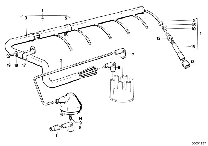 Bildtafel Zündkabelbaum für die BMW Classic Teile  Original BMW Ersatzteile aus dem elektronischen Teilekatalog (ETK) für BMW Kraftfahrzeuge( Auto)    Entstörstecker, Halter, Kennzeichnungsring, Rohrschelle, Rundstecker, Schutzkappe, Sechskantschraube, Za