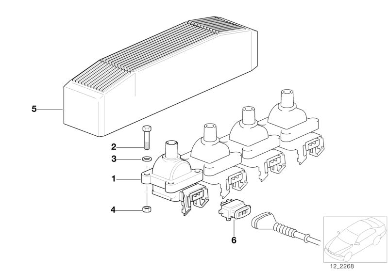 Picture board Ignition coil for the BMW Classic parts  Original BMW spare parts from the electronic parts catalog (ETK) for BMW motor vehicles (car)   Cover, Hex Bolt, Hex nut with plate, Ignition coil, Plug housing, WAVE WASHER