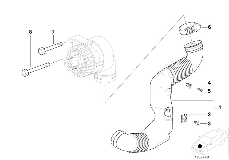 Picture board Generator cooling for the BMW Z Series models  Original BMW spare parts from the electronic parts catalog (ETK) for BMW motor vehicles (car)   AIR CHANNEL, Body nut, Expanding nut, Hex Bolt, Hex Bolt with washer, Hex head screw, Hose clamp