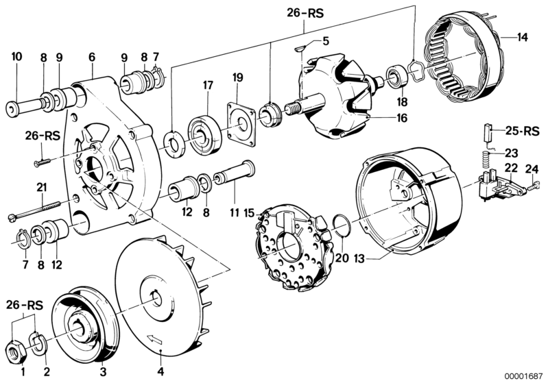 Picture board Generator, individual parts for the BMW Classic parts  Original BMW spare parts from the electronic parts catalog (ETK) for BMW motor vehicles (car)   Bush, CARBON BRUSH SET, Compression spring, Fan wheel, Fillister head screw, Grooved ball 