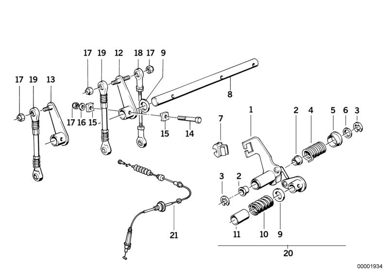 Picture board Accelerator pedal for the BMW Classic parts  Original BMW spare parts from the electronic parts catalog (ETK) for BMW motor vehicles (car)   BEARING ACCELATOR BOWDEN CABLE, Bowden cable, Bush, Circlip, Compression spring, Cruise control, Fit