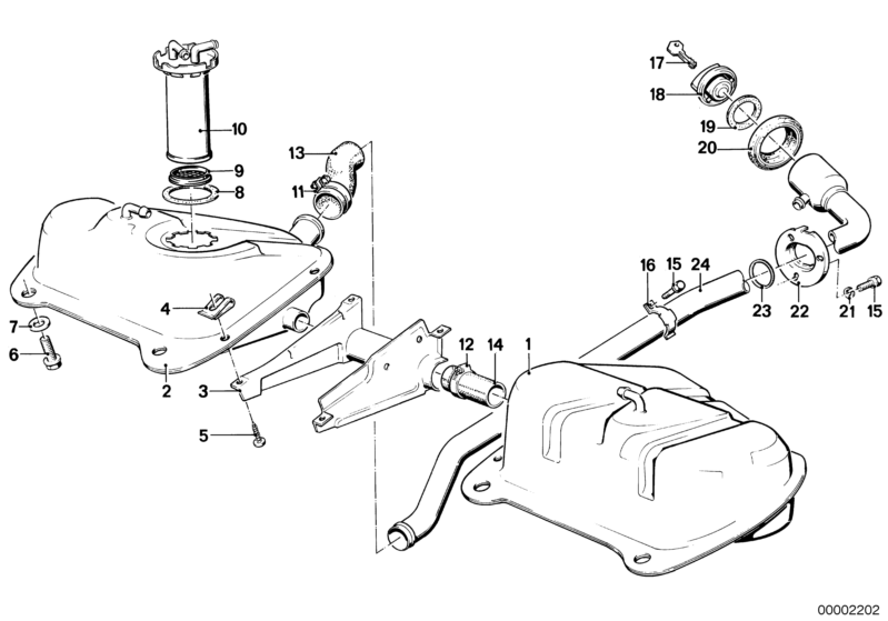 Bildtafel Kraftstofftank/Anbauteile für die BMW Classic Teile  Original BMW Ersatzteile aus dem elektronischen Teilekatalog (ETK) für BMW Kraftfahrzeuge( Auto)    Blechmutter, Dichtgummi, Dichtung, Gummischeibe, Kraftstofftank links, Kraftstofftank rechts