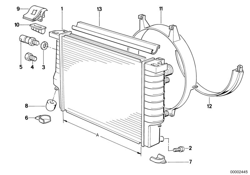 Picture board RADIATOR/FRAME for the BMW Classic parts  Original BMW spare parts from the electronic parts catalog (ETK) for BMW motor vehicles (car)   BRACKET F.RADIATOR, Bracket upper, Cover, DOUBLE TEMPERATURE SWITCH, Drain plug radiator, Fan shroud, G