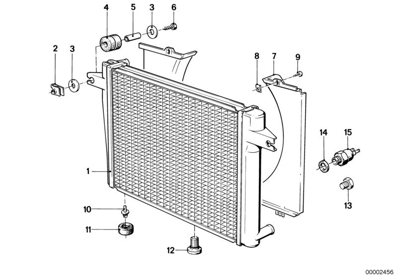 Bildtafel Wasserkühler/Zarge für die BMW Classic Teile  Original BMW Ersatzteile aus dem elektronischen Teilekatalog (ETK) für BMW Kraftfahrzeuge( Auto)    Ablassschraube Kühler, Dichtring, Distanzhülse, Gummitülle, Sechskantblechschraube, Temperaturschal