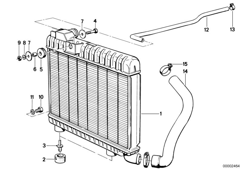 Bildtafel Kühlmittelkühler für die BMW Classic Teile  Original BMW Ersatzteile aus dem elektronischen Teilekatalog (ETK) für BMW Kraftfahrzeuge( Auto)    Dichtring, Distanzhülse, Entlüftungsschlauch, Gummilager, Gummitülle, Kühlmittelkühler, Schlauchschel