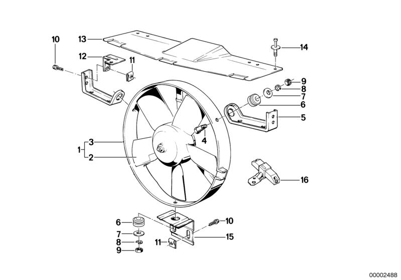 Picture board Electric additional fan for the BMW Classic parts  Original BMW spare parts from the electronic parts catalog (ETK) for BMW motor vehicles (car)   Additional fan, Body nut, BRACKET LOWER, Bracket upper, Bracket, right, Expanding rivet, Fan w