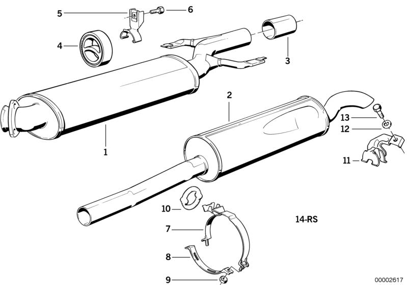 Picture board EXHAUST ASSY WITHOUT CATALYST for the BMW Classic parts  Original BMW spare parts from the electronic parts catalog (ETK) for BMW motor vehicles (car)   Clamp, CLAMPING BUSH, Collar nut, FRONT SILENCER, Hex Bolt, Holder, Rear silencer, Rubbe