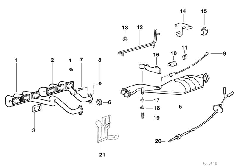 Bildtafel Abgasanlage mit Katalysator für die BMW Classic Teile  Original BMW Ersatzteile aus dem elektronischen Teilekatalog (ETK) für BMW Kraftfahrzeuge( Auto)    Abgaskrümmer mit Katalysator, Dichtung asbestfrei, Federscheibe, Kabelhalter, Kabelklemme,