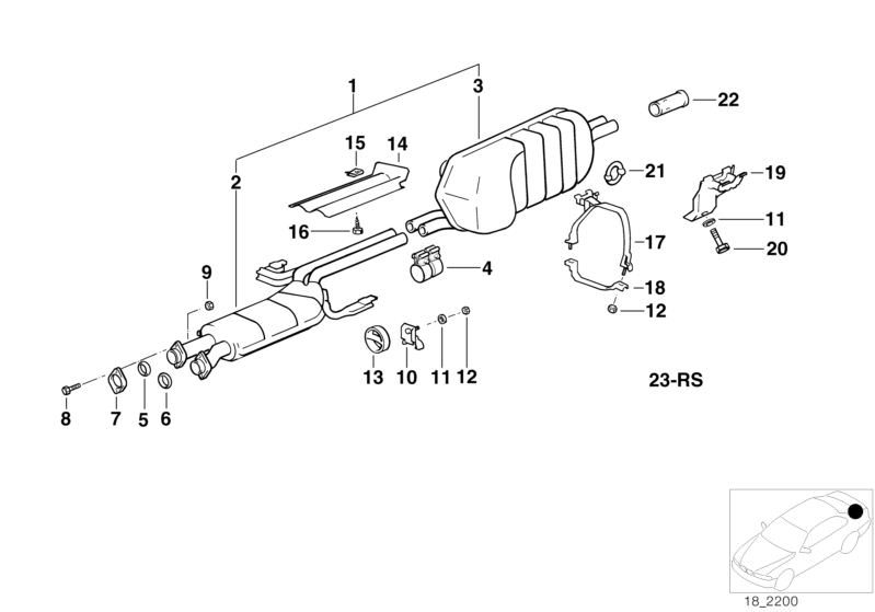 Bildtafel Nachschalldämpfer für die BMW Classic Teile  Original BMW Ersatzteile aus dem elektronischen Teilekatalog (ETK) für BMW Kraftfahrzeuge( Auto)    Abgasanlage, Bundmutter, Dichtring, Flansch, Gummiring, Halter, Haltering, Mutter, Schelle, Sechskan