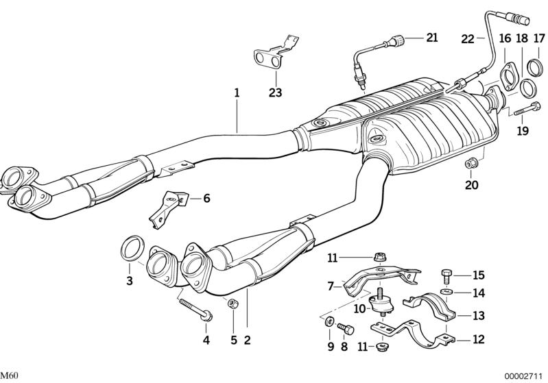 Illustration du Système d`échappement avec catalyseur pour les BMW Classic parts  Pièces de rechange d'origine BMW du catalogue de pièces électroniques (ETK) pour véhicules automobiles BMW (voiture)   Bracket, left, Bracket, right, Collar nut, Exch. exhau