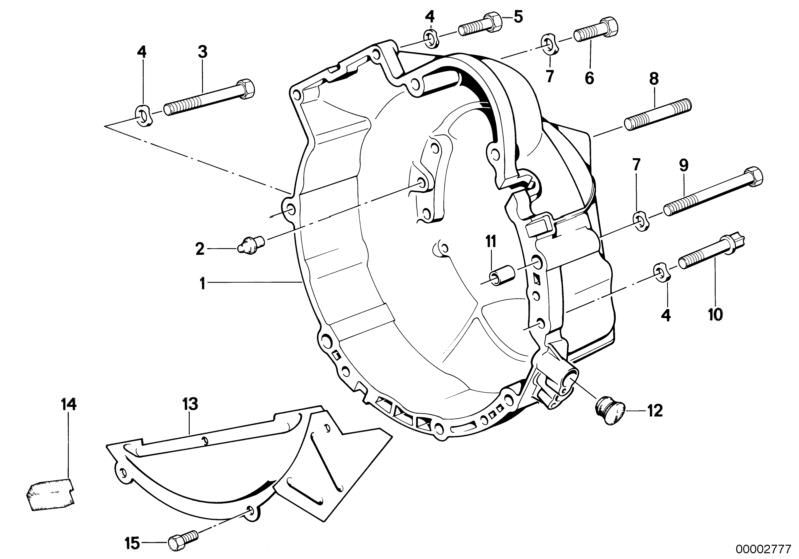 Illustration du CLUTCH BELL HOUSING pour les BMW Classic parts  Pièces de rechange d'origine BMW du catalogue de pièces électroniques (ETK) pour véhicules automobiles BMW (voiture)   ASA-Bolt, Ball pin, Blind plug, Dowel, Hex Bolt, Stud bolt, WAVE WASHER