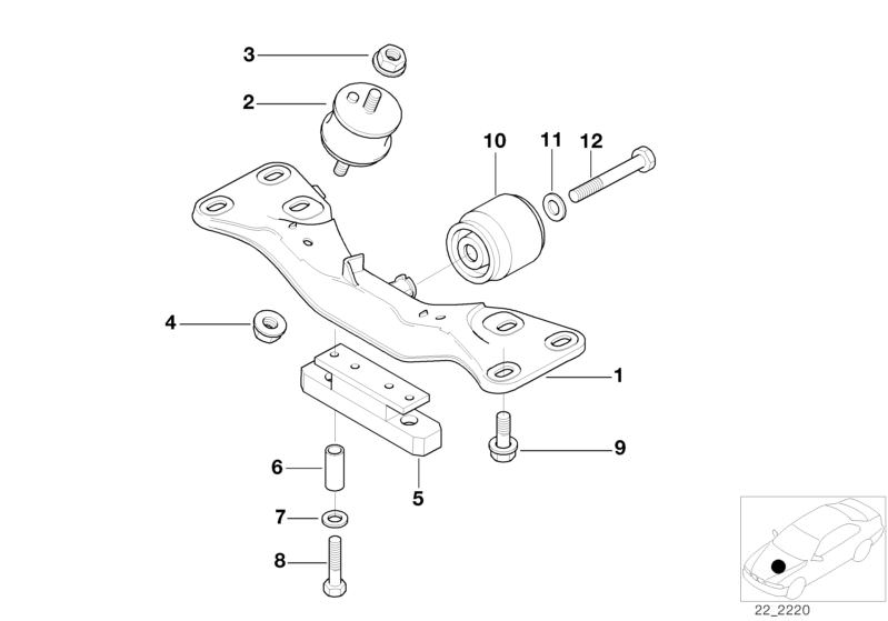 Picture board GEARBOX MOUNTING for the BMW 7 Series models  Original BMW spare parts from the electronic parts catalog (ETK) for BMW motor vehicles (car)   Gearbox mount, Gearbox support, Guide bush, Hex Bolt, Hex Bolt with washer, Hex nut with plate, Hex