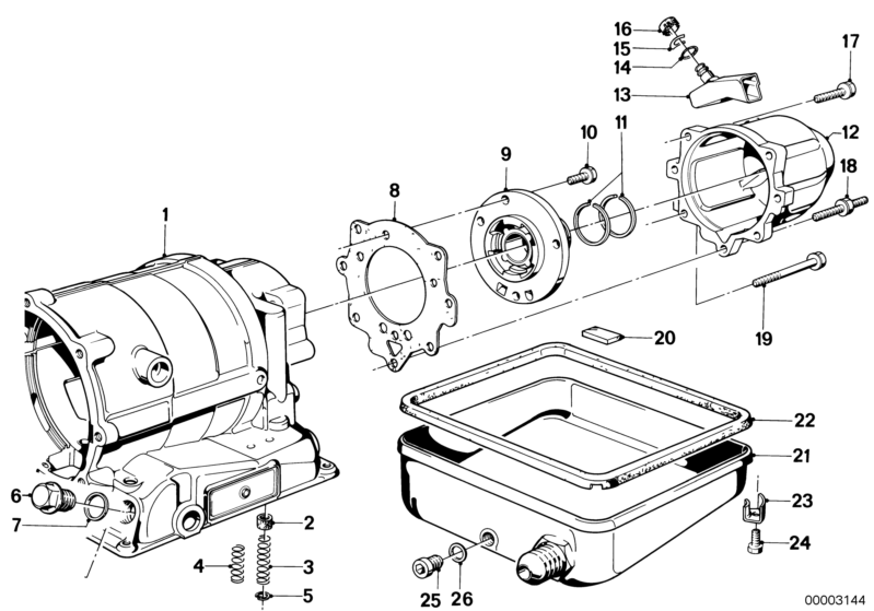 Picture board ZF 3HP22 HOUSING PARTS/OIL PAN for the BMW Classic parts  Original BMW spare parts from the electronic parts catalog (ETK) for BMW motor vehicles (car)   Bleeder valve, Bracket, Circlip, Compression spring, Cover, Gasket Asbestos Free, Gaske