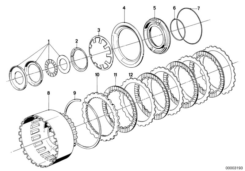 Bildtafel ZF 4HP22/24 Bremskupplung F für die BMW Classic Teile  Original BMW Ersatzteile aus dem elektronischen Teilekatalog (ETK) für BMW Kraftfahrzeuge( Auto)    Aussenlamelle, AX-Lager, Belaglamelle, Endlamelle