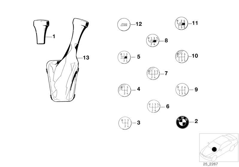 Illustration du Pommeaux de levier vt/soufflets/emblêmes pour les BMW Classic parts  Pièces de rechange d'origine BMW du catalogue de pièces électroniques (ETK) pour véhicules automobiles BMW (voiture)   EMBLEM ADHERED, LEATHER SHIFTING KNOB WITHOUT EMBLE