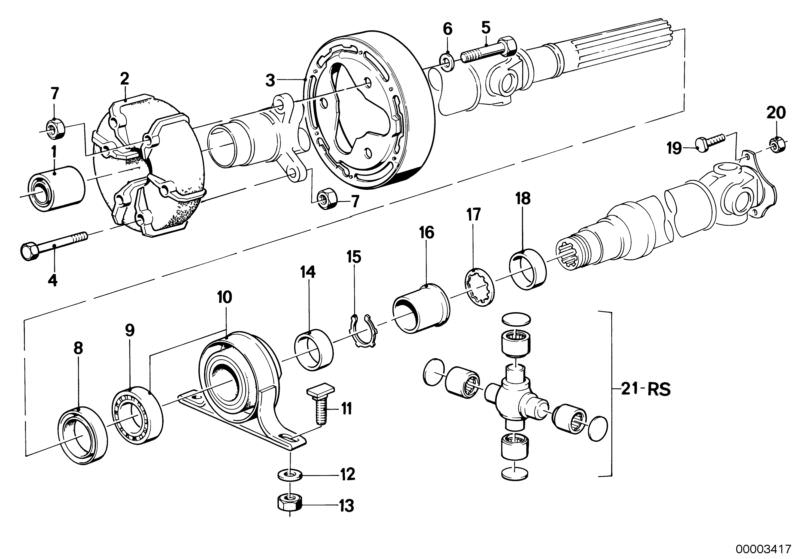 Bildtafel Gelenkwelle-Gelenkscheibe/Mittellager für die BMW Classic Teile  Original BMW Ersatzteile aus dem elektronischen Teilekatalog (ETK) für BMW Kraftfahrzeuge( Auto)    Federscheibe, Gelenkscheibe, Mittellager, Raendelschraube, Reparatursatz Kreuzge