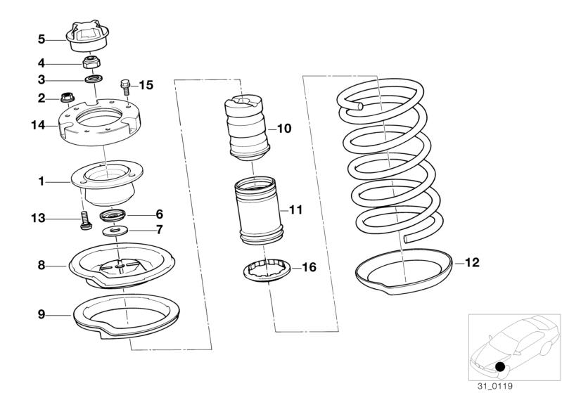 Bildtafel Stützlager/Federunterlage/Anbauteile für die BMW Classic Teile  Original BMW Ersatzteile aus dem elektronischen Teilekatalog (ETK) für BMW Kraftfahrzeuge( Auto)    Abdeckkappe, Bolzen, Bundmutter selbstsichernd, Dämpfer, Federteller oben, Federu