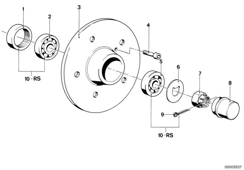 Bildtafel Radlagerung für die BMW Classic Teile  Original BMW Ersatzteile aus dem elektronischen Teilekatalog (ETK) für BMW Kraftfahrzeuge( Auto)    Innensechskantschraube, Kronenmutter, Reparatursatz Radlagerung, Splint, Unterlegscheibe, Verschlusskappe,