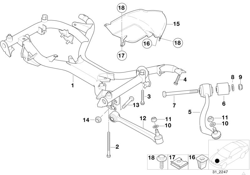 Picture board FRONT AXLE SUPPORT/WISHBONE for the BMW 5 Series models  Original BMW spare parts from the electronic parts catalog (ETK) for BMW motor vehicles (car)   Body nut, Collar screw, Expanding nut, Front axle support, Heat Protection Plate Right, 