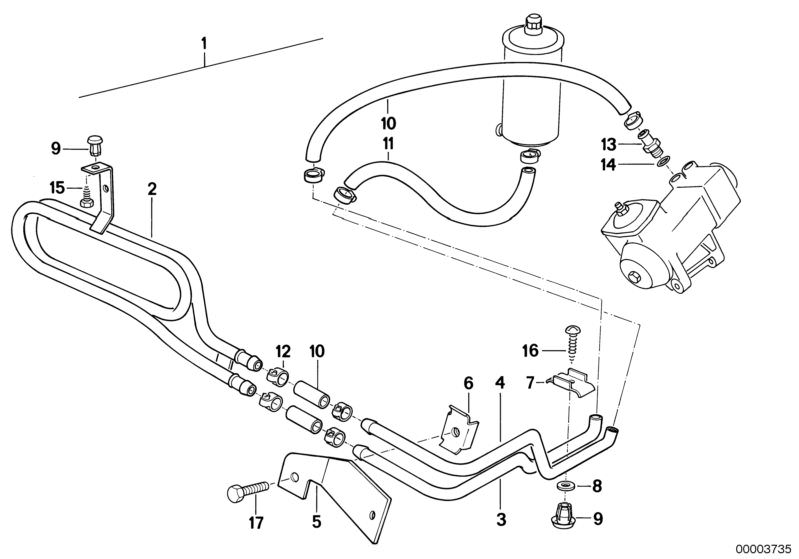 Picture board HYDRO STEERING-OIL PIPES for the BMW Classic parts  Original BMW spare parts from the electronic parts catalog (ETK) for BMW motor vehicles (car)   Clamp, Fillister head self-tapping screw, Gasket ring, Hex Bolt, Hose, Hose clamp, Pipe, Wash