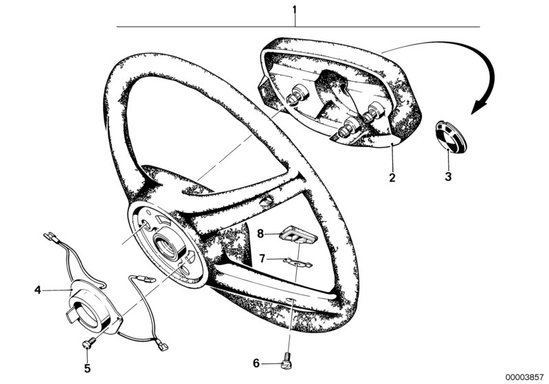 Picture board Steering wheel for the BMW Classic parts  Original BMW spare parts from the electronic parts catalog (ETK) for BMW motor vehicles (car)   Contact spring, Fillister head screw, Horn pad, Plaque, Slip ring