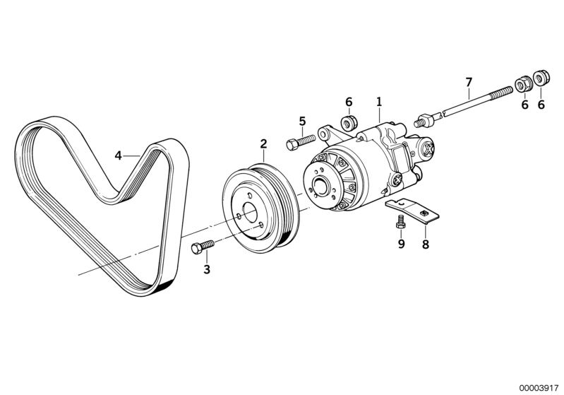 Bildtafel Hydrolenkung-Tandem-Flügelpumpe für die BMW Classic Teile  Original BMW Ersatzteile aus dem elektronischen Teilekatalog (ETK) für BMW Kraftfahrzeuge( Auto)    Bundmutter, Gewindebolzen, Riemenscheibe, Sechskantschraube mit Scheibe