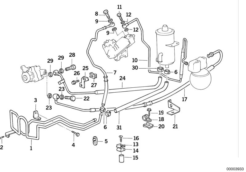 Picture board HYDRO STEERING-OIL PIPES for the BMW Classic parts  Original BMW spare parts from the electronic parts catalog (ETK) for BMW motor vehicles (car)   Body nut, Clamp, Gasket ring, Hex Bolt, Hex Bolt with washer, Hex head screw, Holder, Hollow 